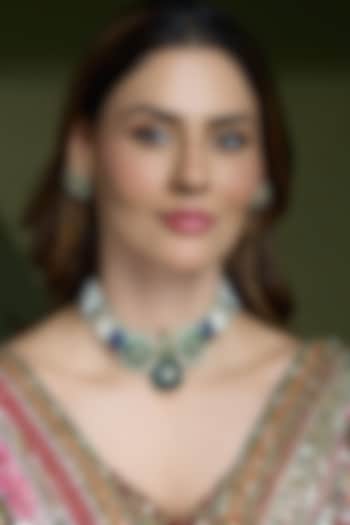 Gold Finish Blue & Green Stone Necklace Set by Joules By Radhika at Pernia's Pop Up Shop