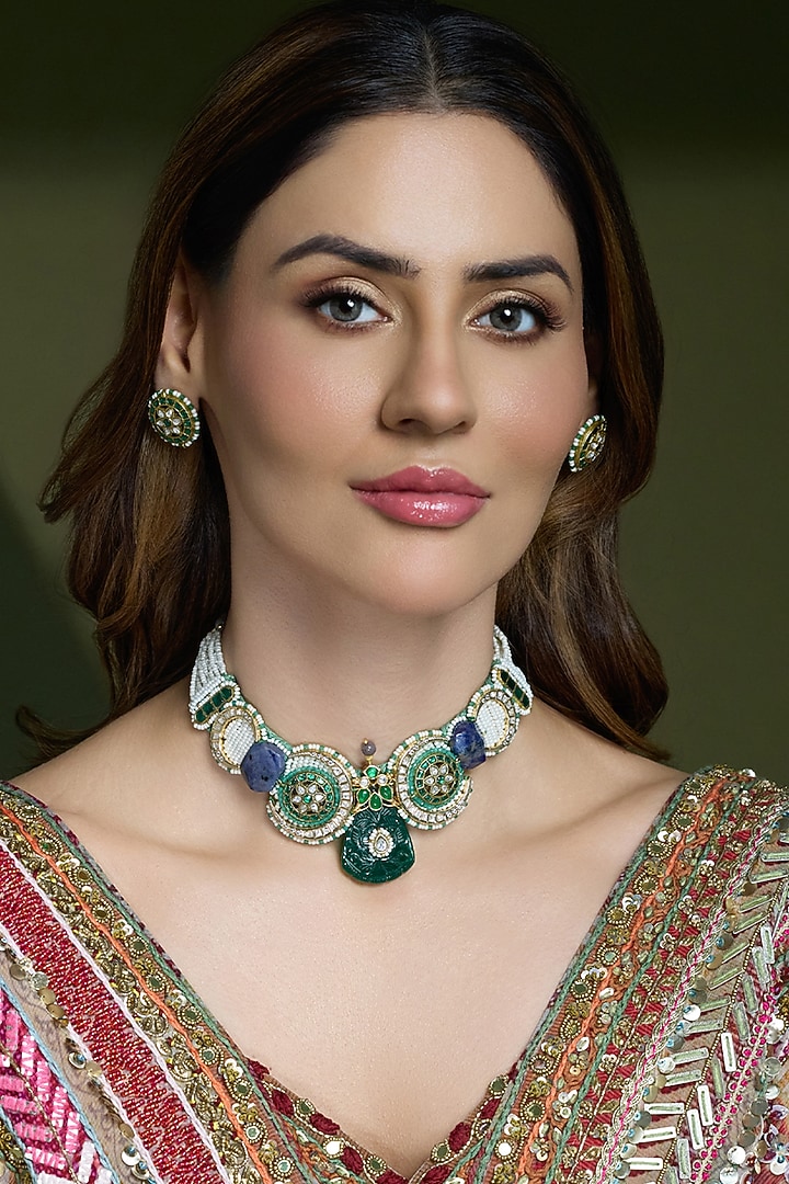 Gold Finish Blue & Green Stone Necklace Set by Joules By Radhika at Pernia's Pop Up Shop