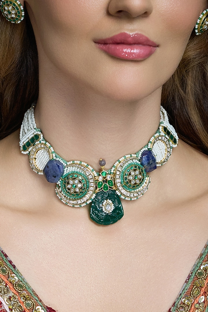 Gold Finish Blue & Green Stone Necklace Set by Joules By Radhika at Pernia's Pop Up Shop