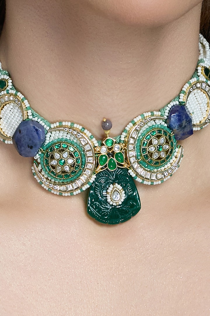 Gold Finish Blue & Green Stone Necklace Set by Joules By Radhika at Pernia's Pop Up Shop