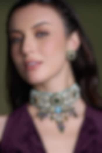 Gold Finish Kundan Polki & Green Beaded Choker Necklace Set by Joules By Radhika at Pernia's Pop Up Shop