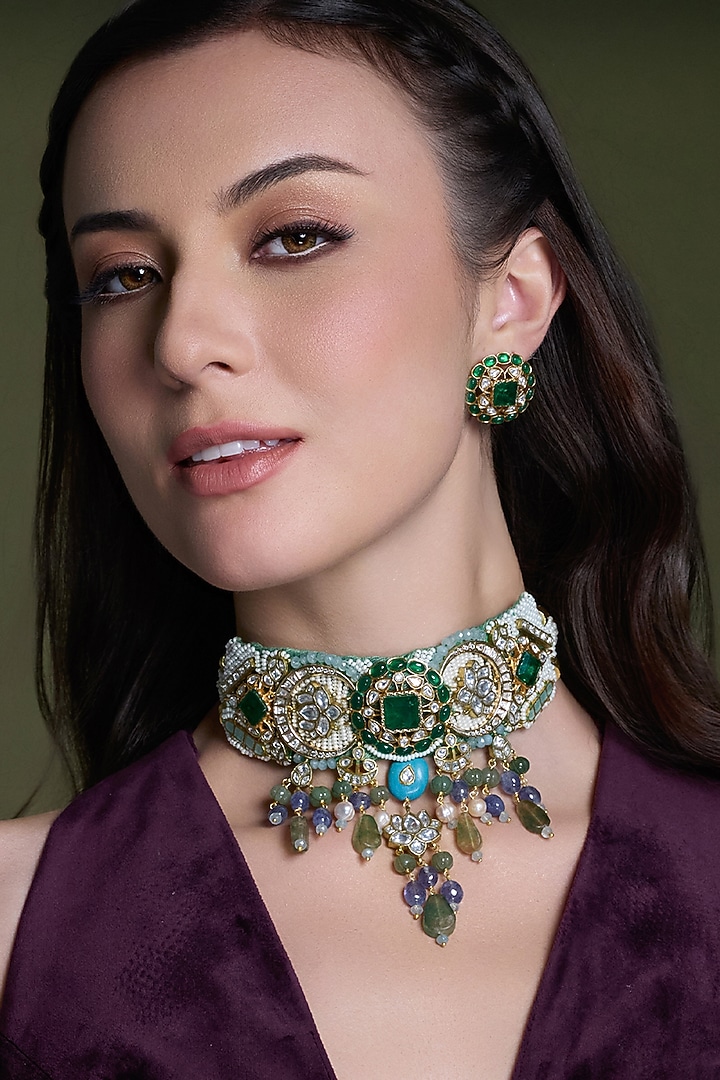 Gold Finish Kundan Polki & Green Beaded Choker Necklace Set by Joules By Radhika at Pernia's Pop Up Shop