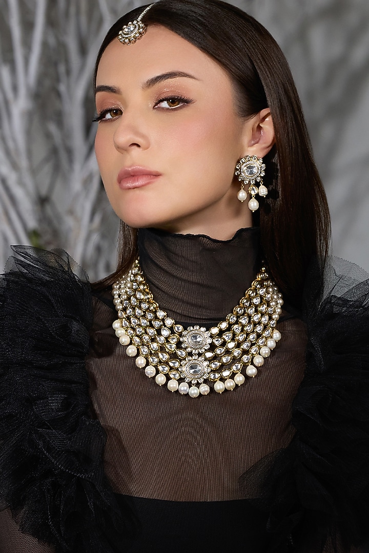 Gold Finish Pearl Layered Necklace Set by Joules By Radhika at Pernia's Pop Up Shop
