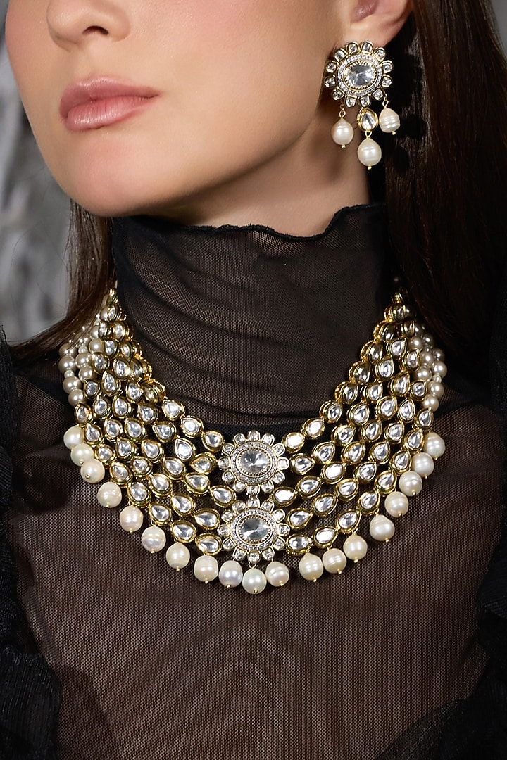 Gold Finish Pearl Layered Necklace Set by Joules By Radhika at Pernia's Pop Up Shop