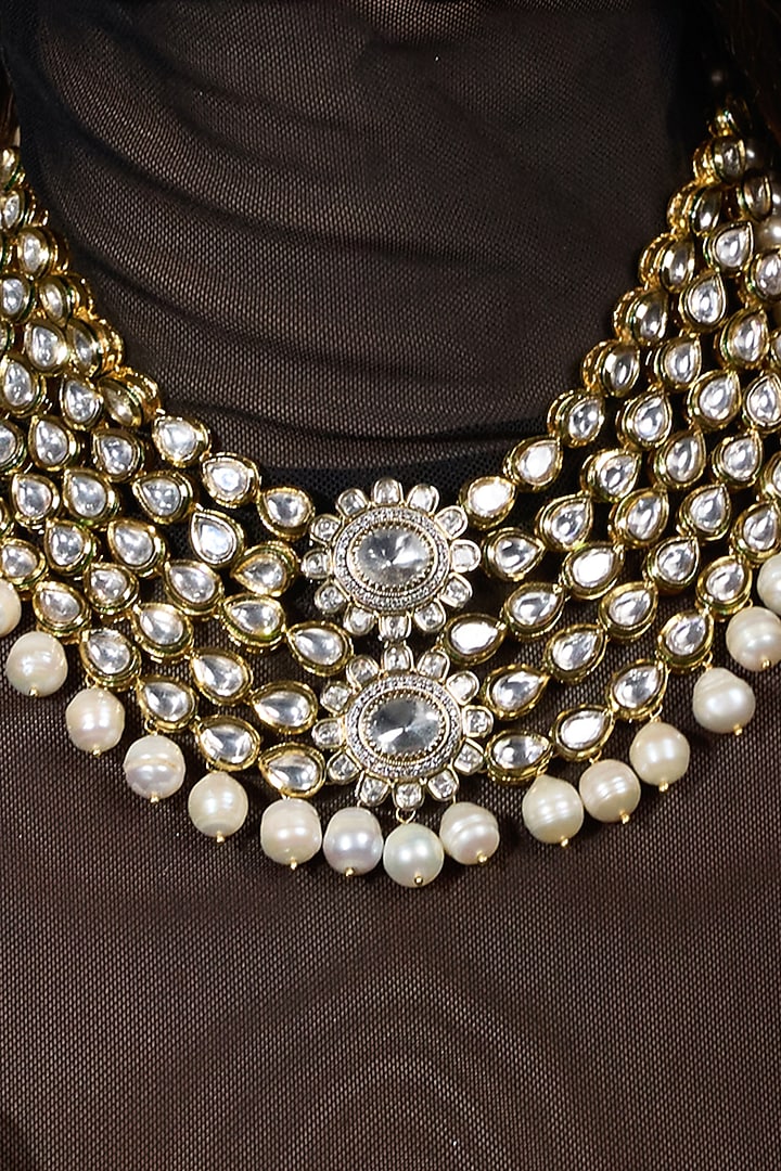 Gold Finish Pearl Layered Necklace Set by Joules By Radhika at Pernia's Pop Up Shop