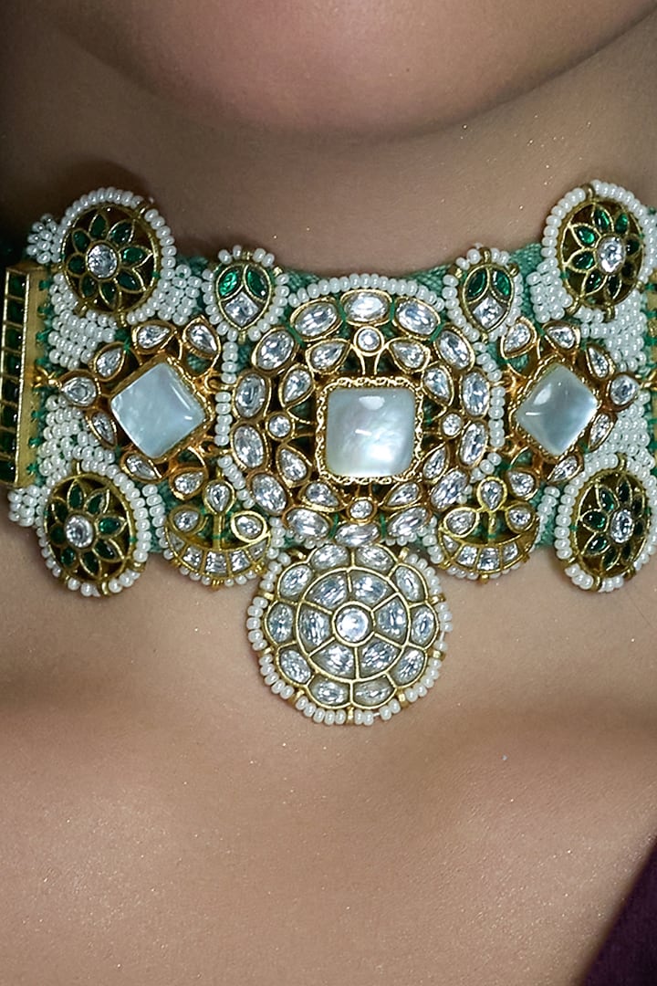 Gold Finish Emerald Stone Choker Necklace Set by Joules By Radhika at Pernia's Pop Up Shop