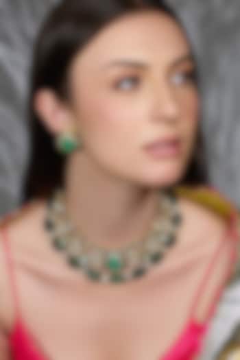 Gold Finish Pearl & Green Stone Necklace Set by Joules By Radhika at Pernia's Pop Up Shop