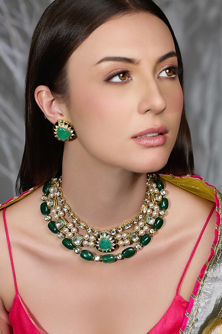 Gold Finish Pearl & Green Stone Necklace Set by Joules By Radhika at Pernia's Pop Up Shop