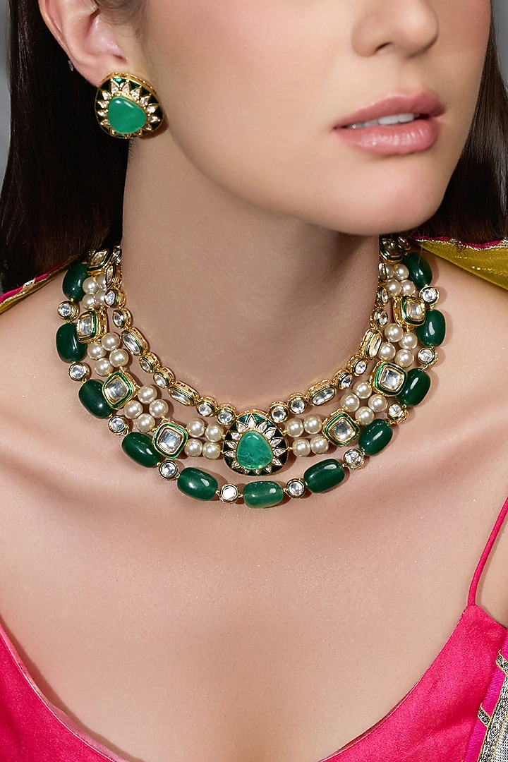 Gold Finish Pearl & Green Stone Necklace Set by Joules By Radhika at Pernia's Pop Up Shop