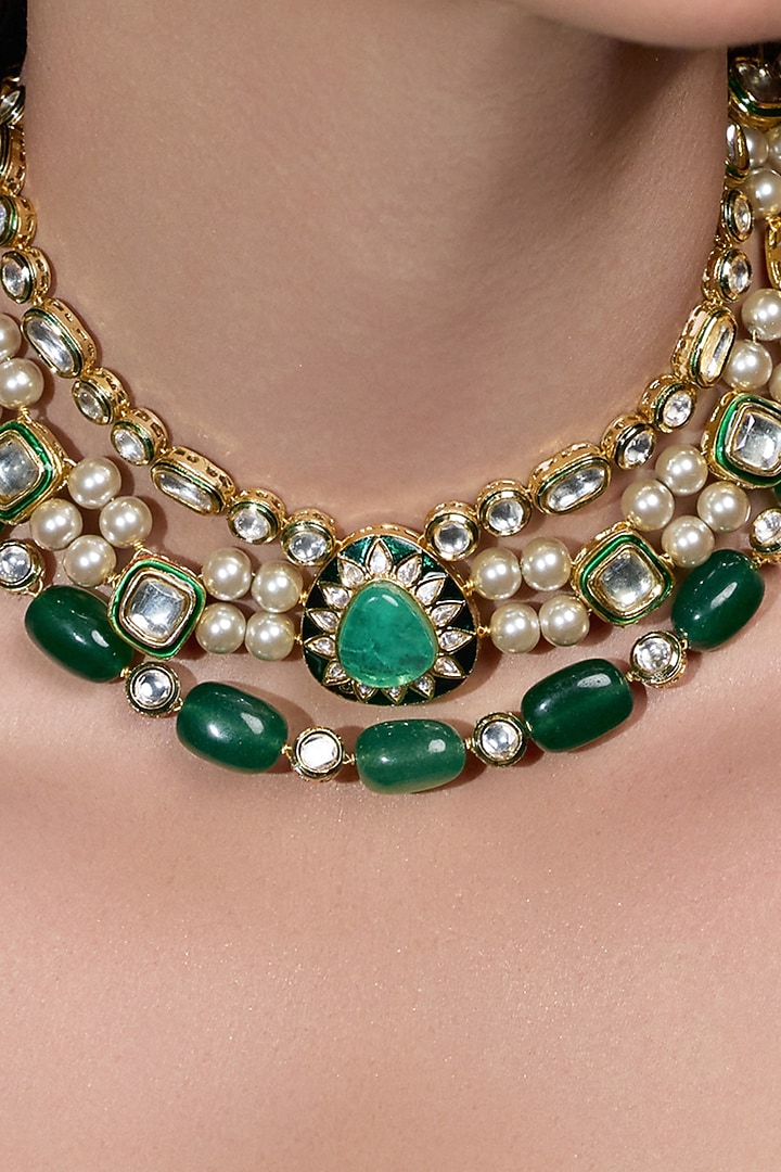 Gold Finish Pearl & Green Stone Necklace Set by Joules By Radhika at Pernia's Pop Up Shop