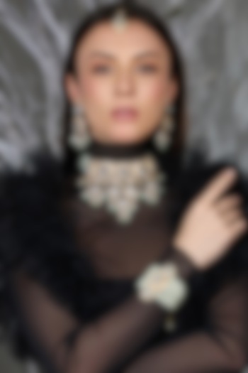 Gold Finish Crystal & Light Green Stone Necklace Set by Joules By Radhika at Pernia's Pop Up Shop