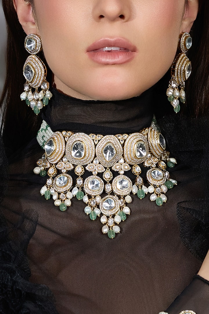 Gold Finish Crystal & Light Green Stone Necklace Set by Joules By Radhika at Pernia's Pop Up Shop