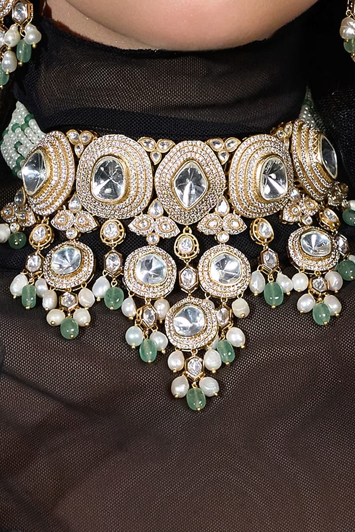 Gold Finish Crystal & Light Green Stone Necklace Set by Joules By Radhika at Pernia's Pop Up Shop