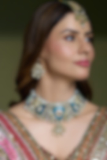 Gold Finish Teal Enameled Necklace Set by Joules By Radhika at Pernia's Pop Up Shop