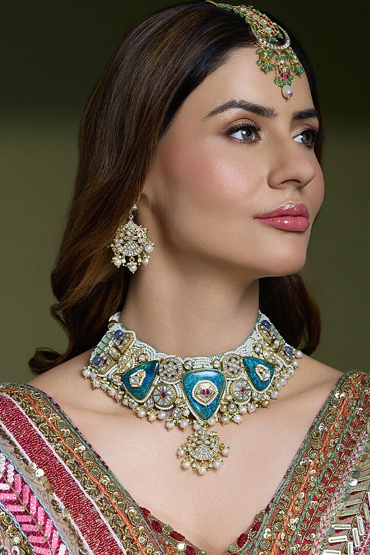 Gold Finish Teal Enameled Necklace Set by Joules By Radhika at Pernia's Pop Up Shop