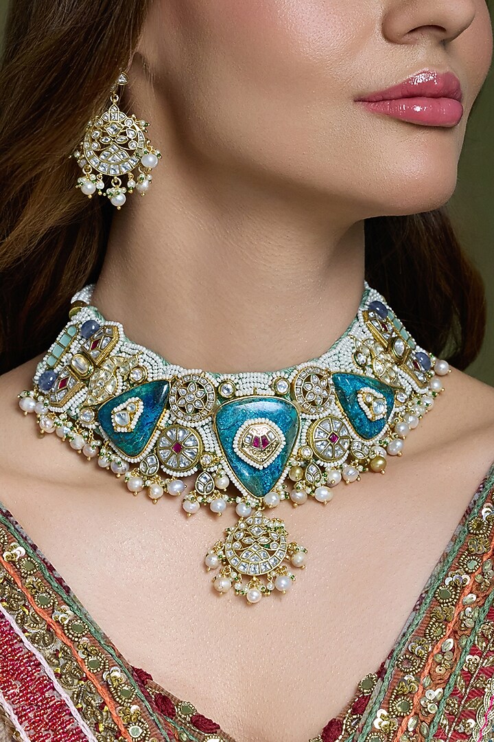 Gold Finish Teal Enameled Necklace Set by Joules By Radhika at Pernia's Pop Up Shop