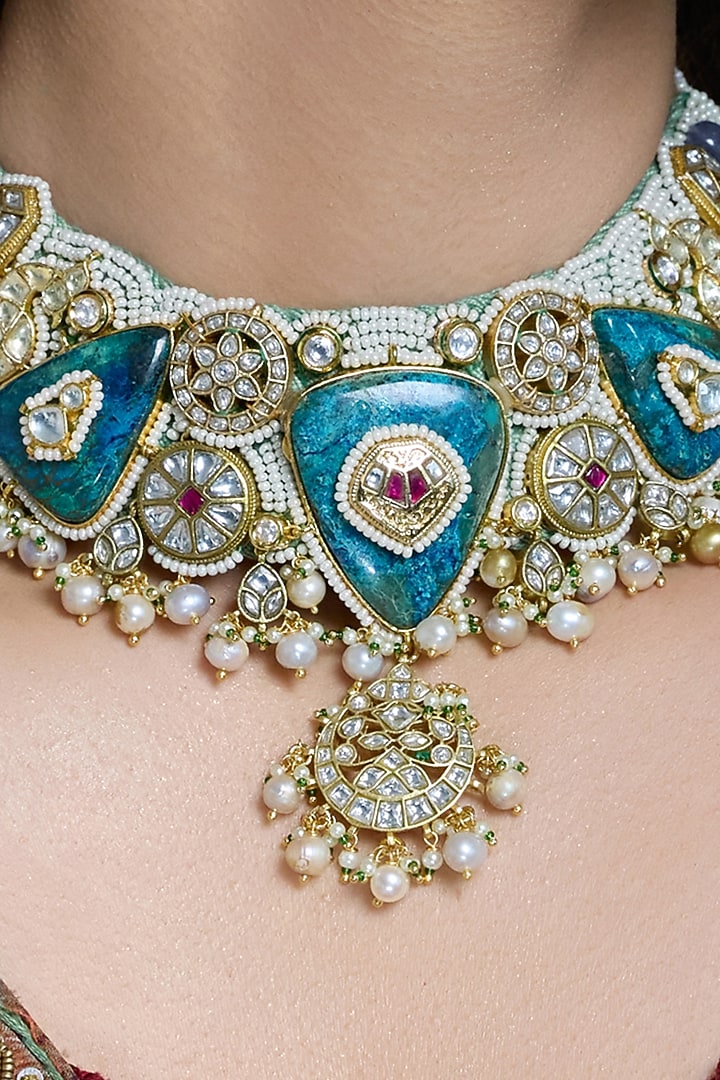 Gold Finish Teal Enameled Necklace Set by Joules By Radhika at Pernia's Pop Up Shop