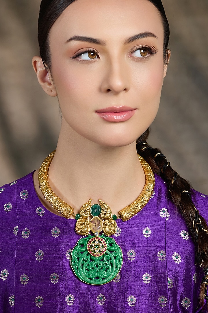 Gold Finish Green Stone Handcrafted Necklace by Joules By Radhika at Pernia's Pop Up Shop
