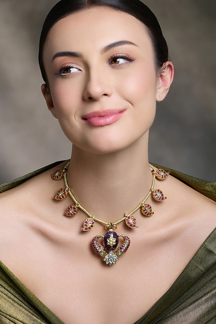 Gold Finish Kundan Polki Temple Necklace by Joules By Radhika at Pernia's Pop Up Shop