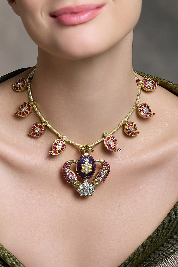 Gold Finish Kundan Polki Temple Necklace by Joules By Radhika at Pernia's Pop Up Shop