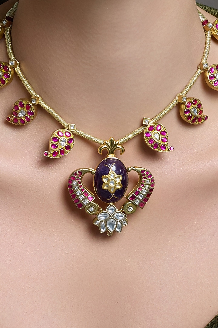 Gold Finish Kundan Polki Temple Necklace by Joules By Radhika at Pernia's Pop Up Shop