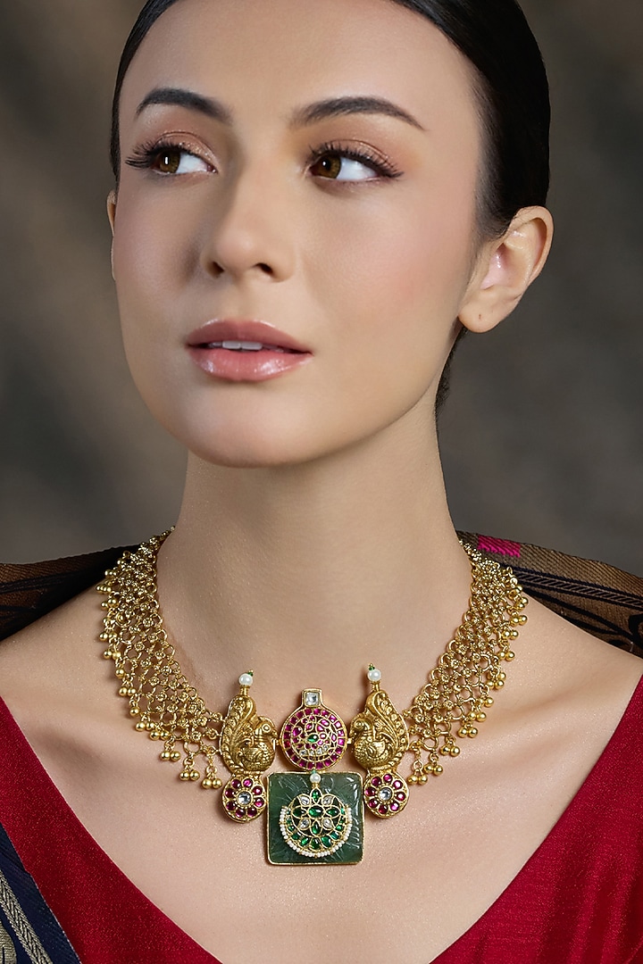 Gold Finish Temple Coin Floral Necklace by Joules By Radhika at Pernia's Pop Up Shop