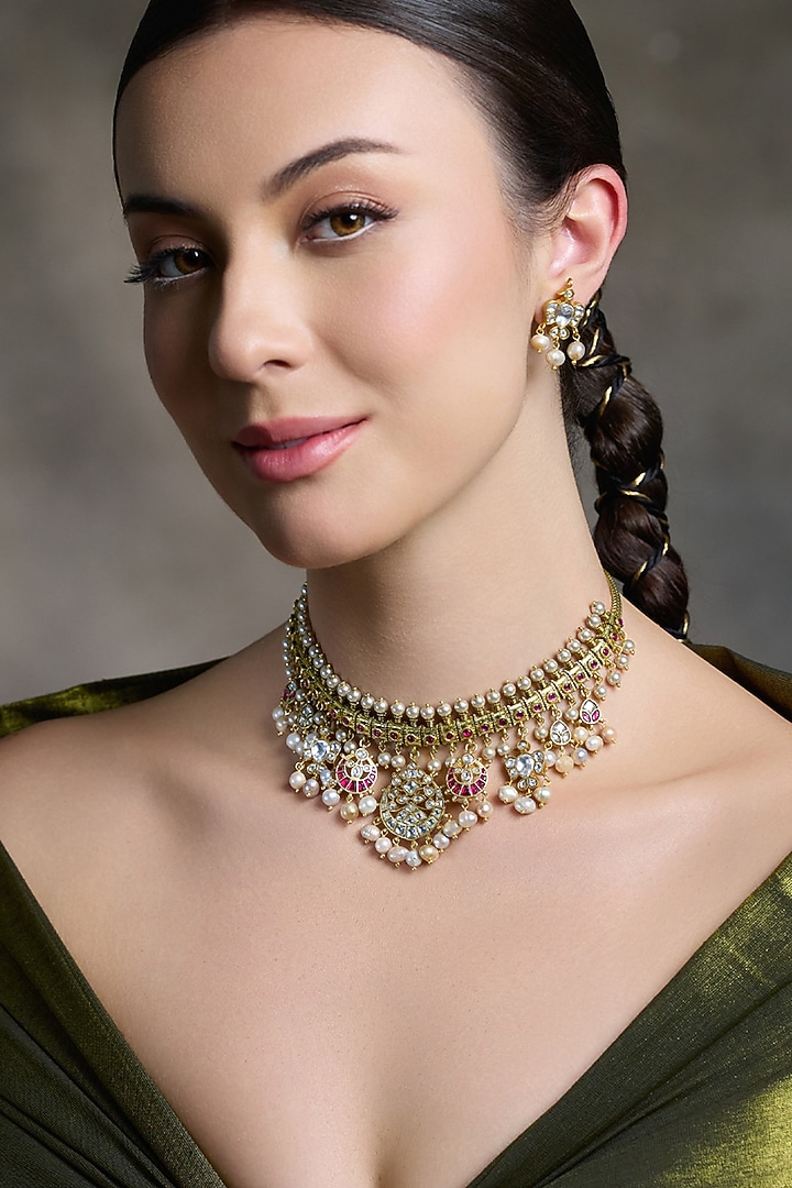 Gold Finish Kundan Polki & Pearl Floral Necklace Set by Joules By Radhika at Pernia's Pop Up Shop