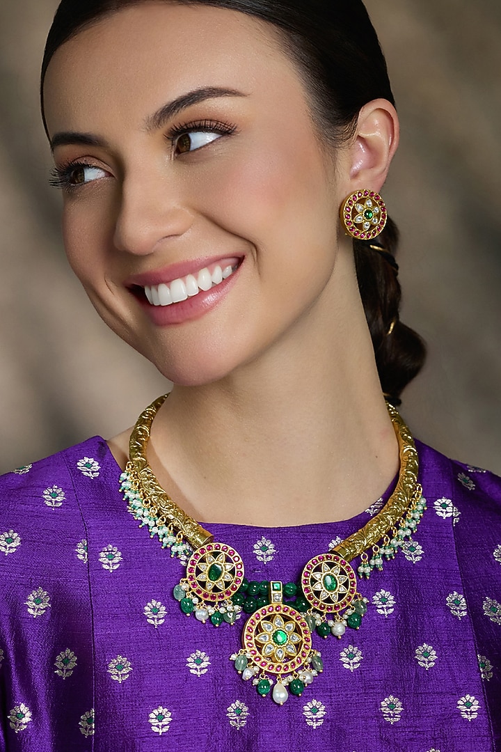 Gold Finish Kundan Polki Floral Choker Necklace Set by Joules By Radhika at Pernia's Pop Up Shop