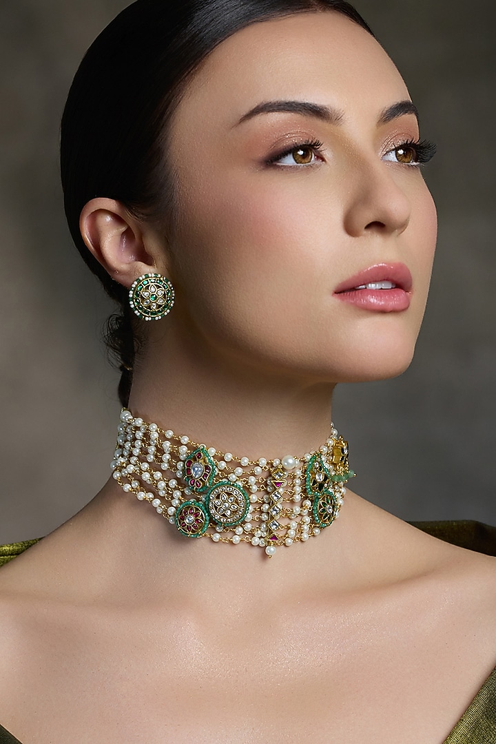 Gold Finish Pearl Choker Necklace Set by Joules By Radhika at Pernia's Pop Up Shop