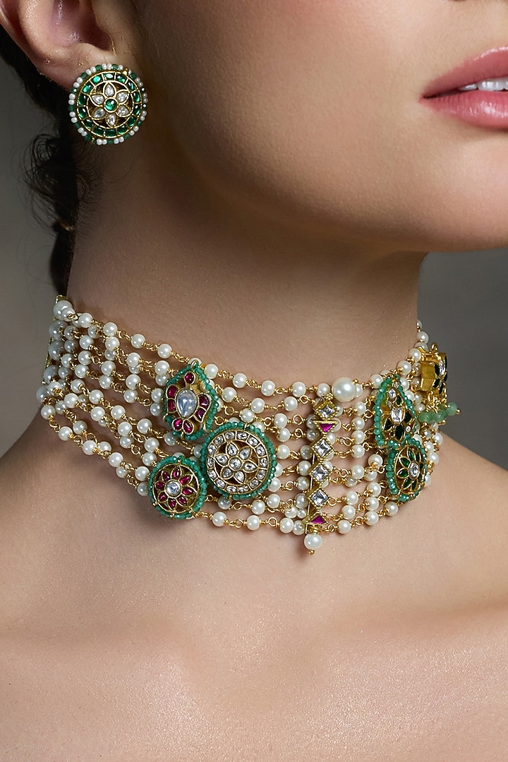 Gold Finish Pearl Choker Necklace Set by Joules By Radhika at Pernia's Pop Up Shop