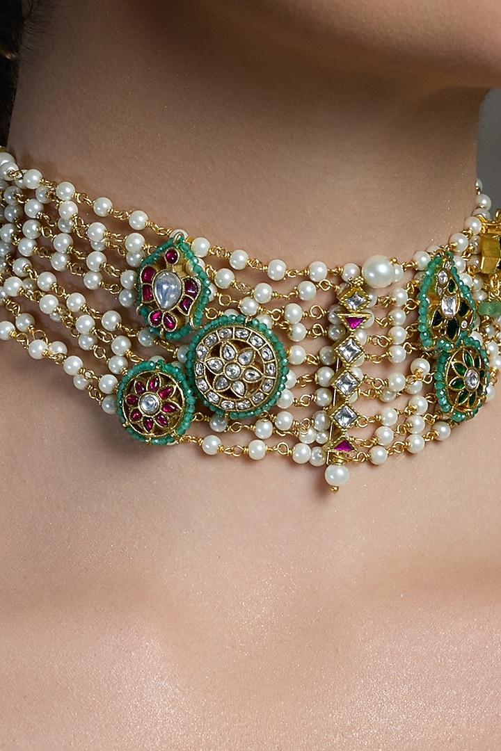 Gold Finish Pearl Choker Necklace Set by Joules By Radhika at Pernia's Pop Up Shop