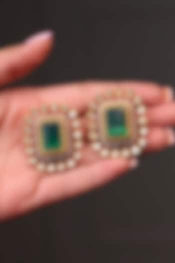 Yellow Gold Finish Green Gemstone Stud Earrings by Joules By Radhika at Pernia's Pop Up Shop