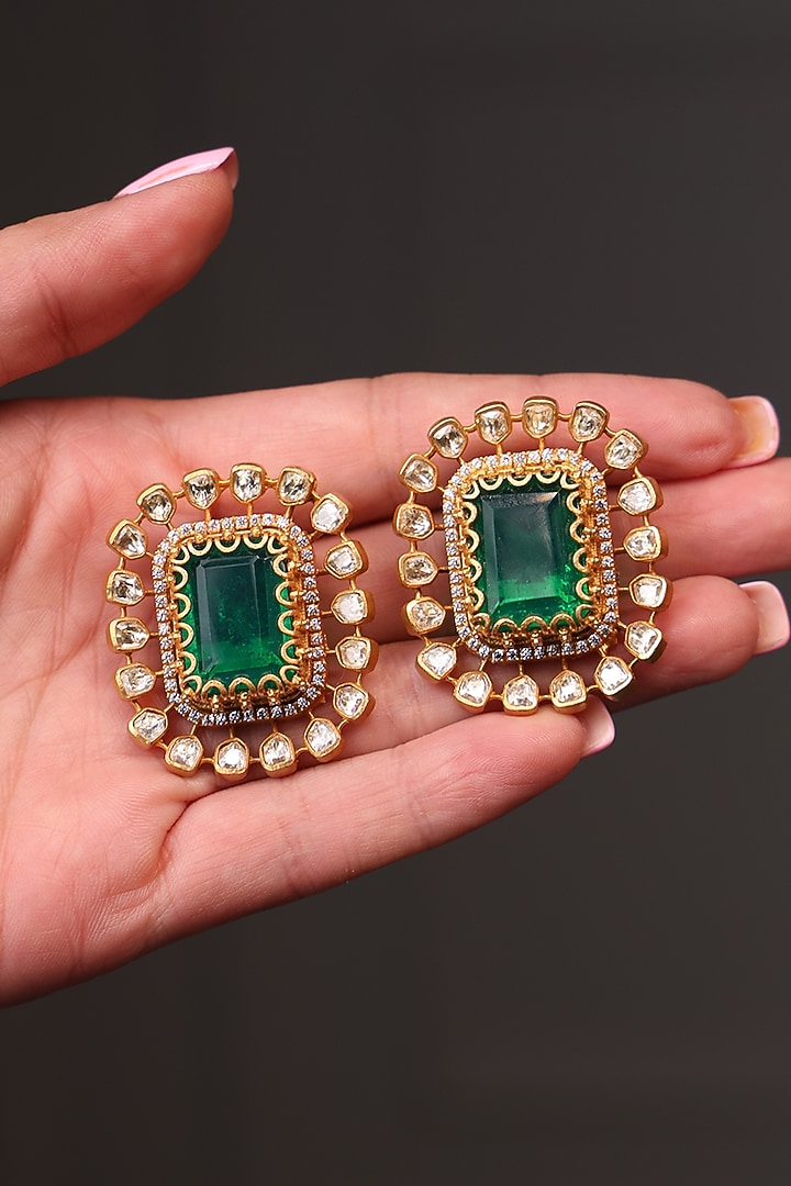 Yellow Gold Finish Green Gemstone Stud Earrings by Joules By Radhika at Pernia's Pop Up Shop