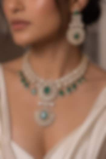Gold Finish Kundan Polki & Green Stone Choker Pendant Necklace Set by Joules By Radhika at Pernia's Pop Up Shop