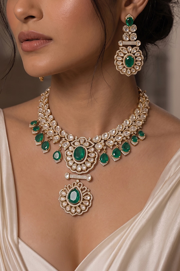 Gold Finish Kundan Polki & Green Stone Choker Pendant Necklace Set by Joules By Radhika at Pernia's Pop Up Shop