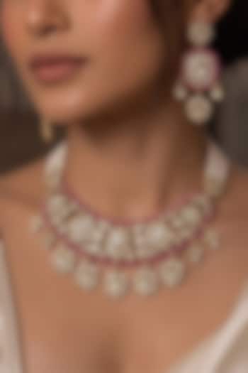 Gold Finish Kundan Polki & Ruby Stone Choker Necklace Set by Joules By Radhika at Pernia's Pop Up Shop