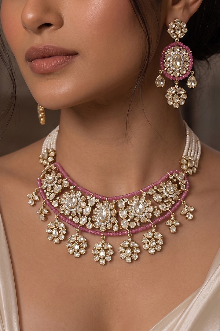 Gold Finish Kundan Polki & Ruby Stone Choker Necklace Set by Joules By Radhika at Pernia's Pop Up Shop