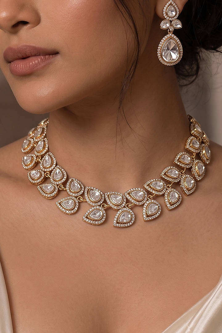 Gold Finish Kundan Polki Necklace Set by Joules By Radhika at Pernia's Pop Up Shop