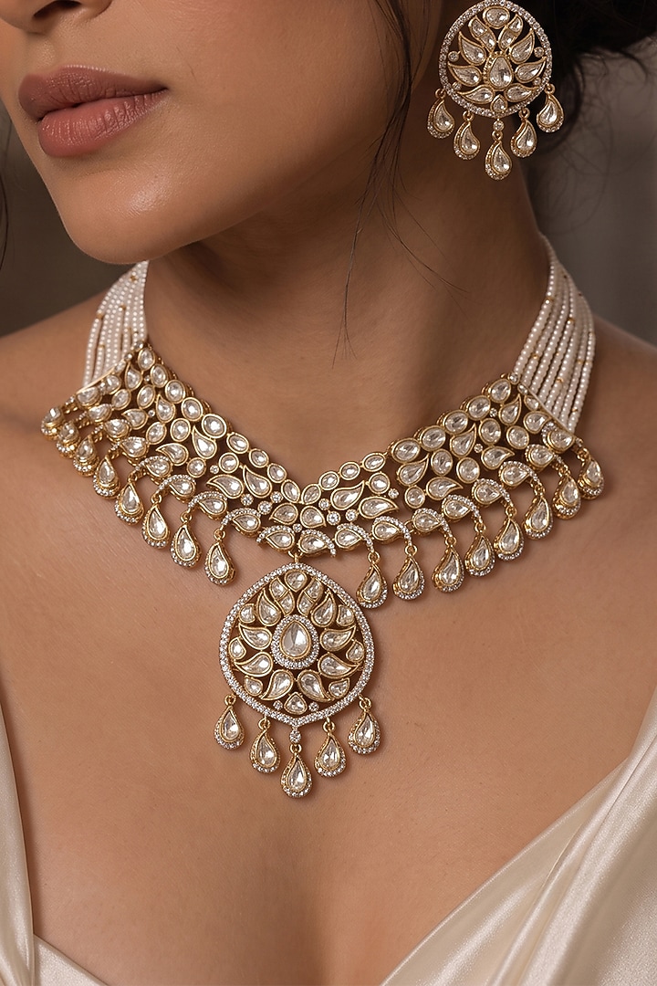 Gold Finish Kundan Polki & White Beaded Choker Pendant Necklace Set by Joules By Radhika at Pernia's Pop Up Shop
