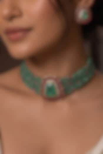 Gold Finish Ruby Stone & Green Beaded Choker Necklace Set by Joules By Radhika at Pernia's Pop Up Shop
