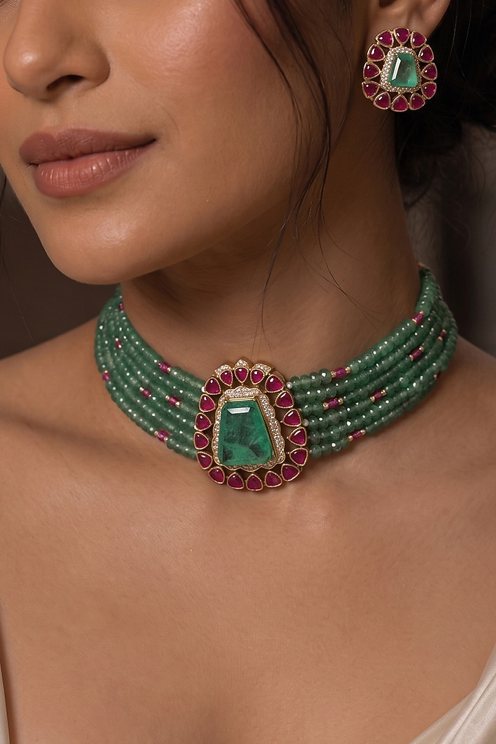 Gold Finish Ruby Stone & Green Beaded Choker Necklace Set by Joules By Radhika at Pernia's Pop Up Shop