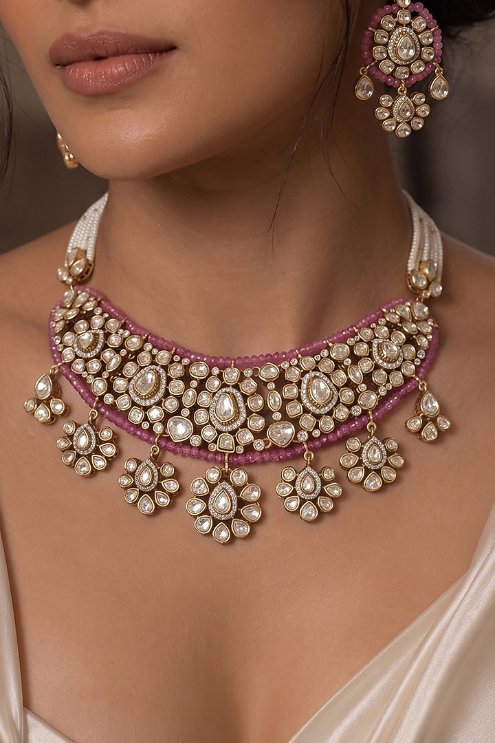 Gold Finish Kundan Polki & Red Stone Choker Necklace Set by Joules By Radhika at Pernia's Pop Up Shop