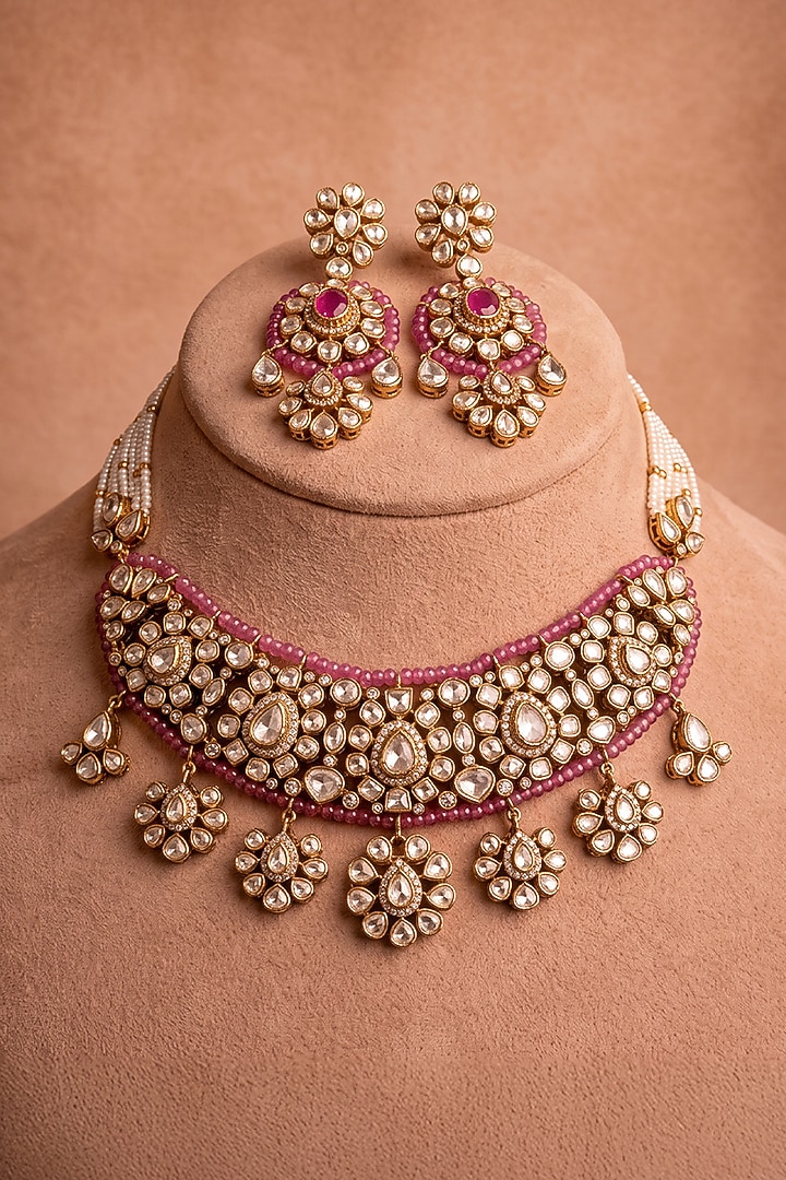 Gold Finish Kundan Polki & Red Stone Choker Necklace Set by Joules By Radhika at Pernia's Pop Up Shop