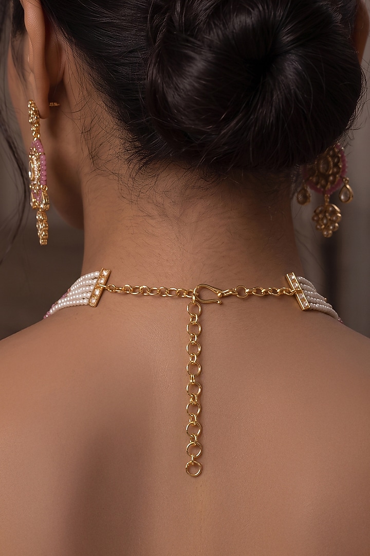 Gold Finish Kundan Polki & Red Stone Choker Necklace Set by Joules By Radhika at Pernia's Pop Up Shop