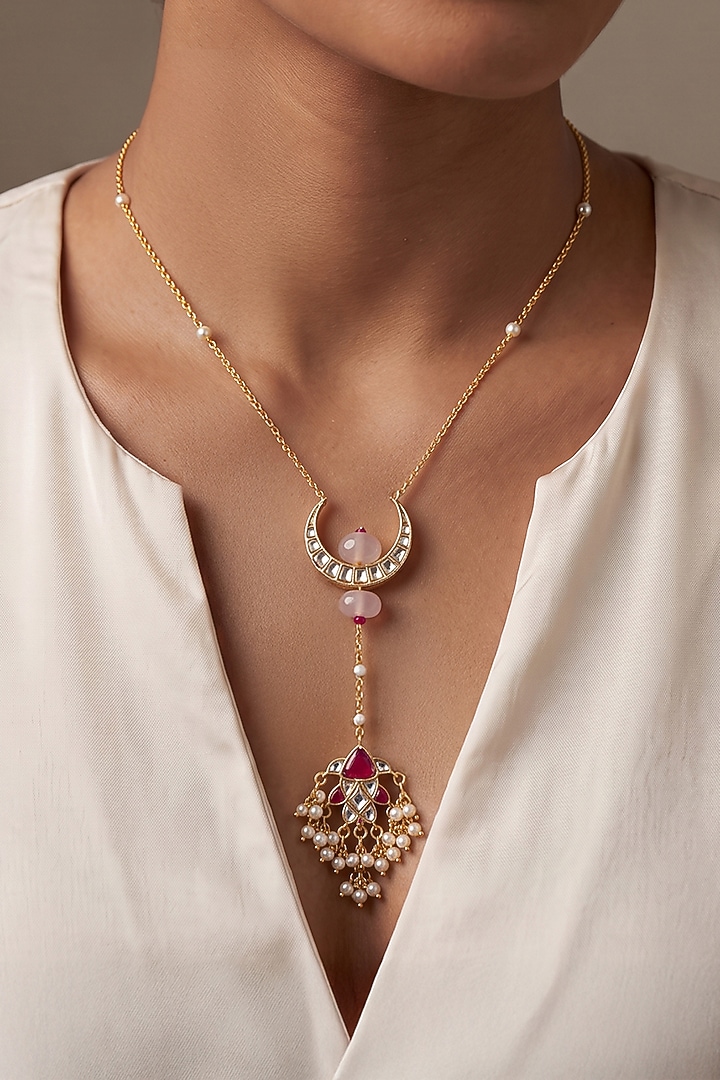 Gold Finish Zircon Pendant Necklace by Joules By Radhika at Pernia's Pop Up Shop