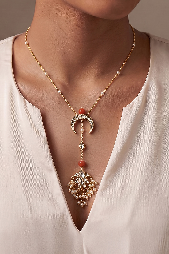 Gold Finish Ruby Stone Pendant Necklace by Joules By Radhika at Pernia's Pop Up Shop