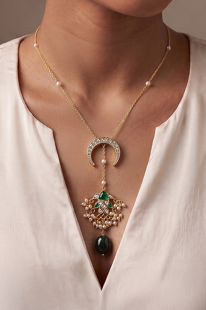 Gold Finish Emerald Stone Pendant Necklace by Joules By Radhika at Pernia's Pop Up Shop