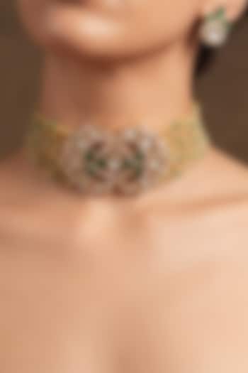Gold Finish Kundan Polki & Multi-Colored Stone Choker Necklace Set by Joules By Radhika at Pernia's Pop Up Shop