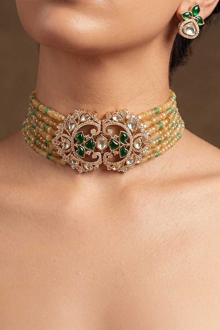 Gold Finish Kundan Polki & Multi-Colored Stone Choker Necklace Set by Joules By Radhika at Pernia's Pop Up Shop