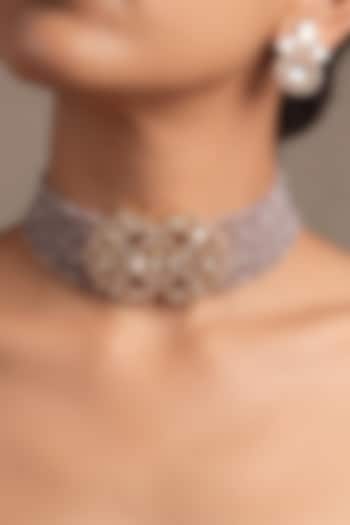 Gold Finish Kundan Polki & Blue Beaded Choker Necklace Set by Joules By Radhika at Pernia's Pop Up Shop